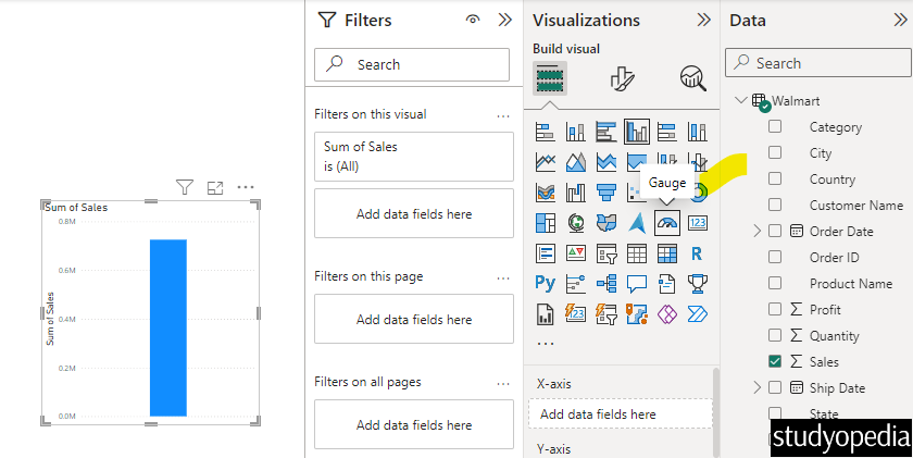 Select the Gauge Chart from Visualizations Tab in Power BI