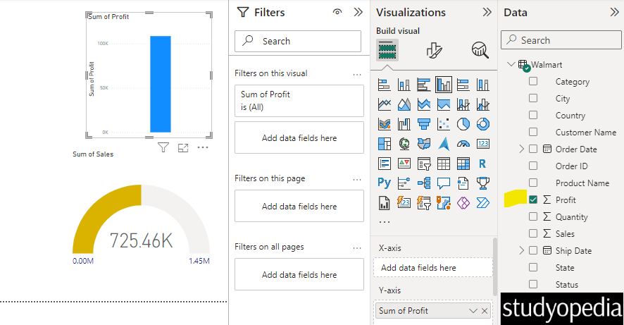 Select the sum of Profit from the Data in Power BI