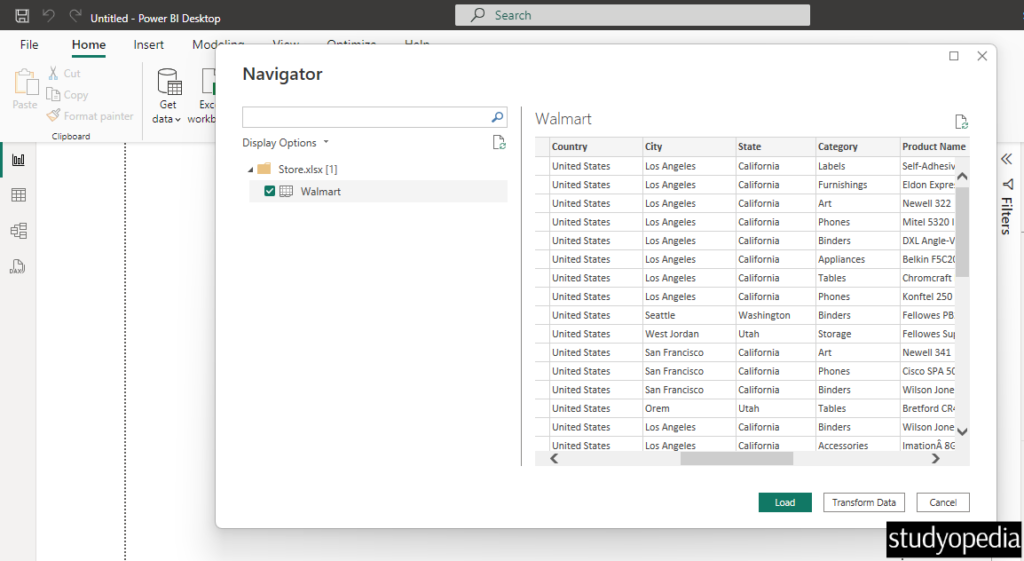 Select your specific Excel file workbook and Load in Power BI