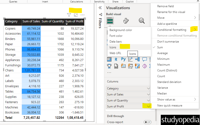 Set an icon on table columns with Conditional Formatting in Power BI