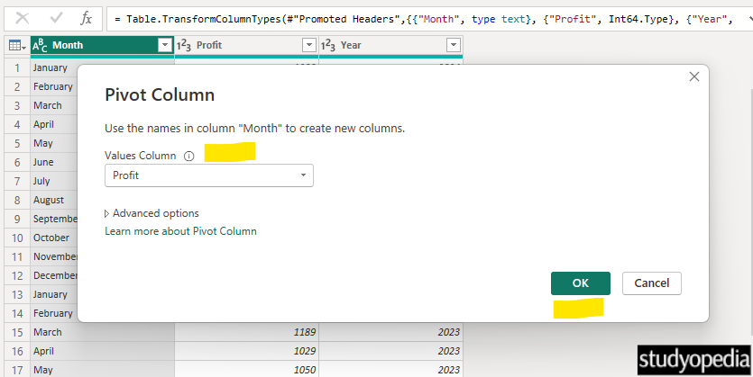 Set the Values Column for Pivot Column in Power BI