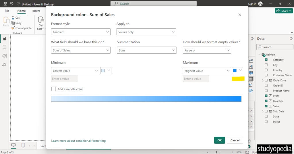 Set the table background color for the Maximum value in Power BI