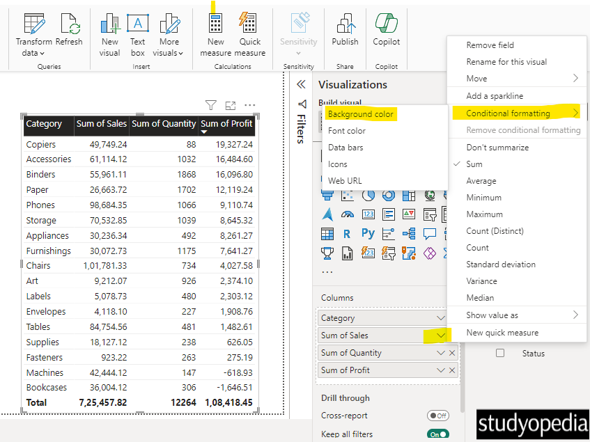 Set the table background color with conditional formatting in Power BI