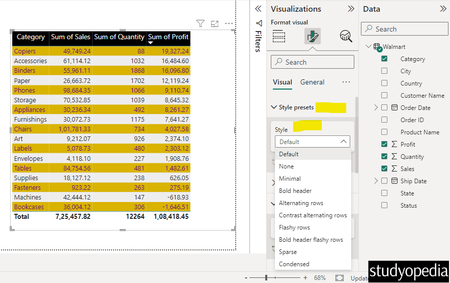 Style the table in Power BI