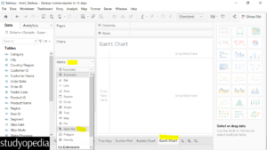 1. Select Gantt Bar from Marks pane in Tableau