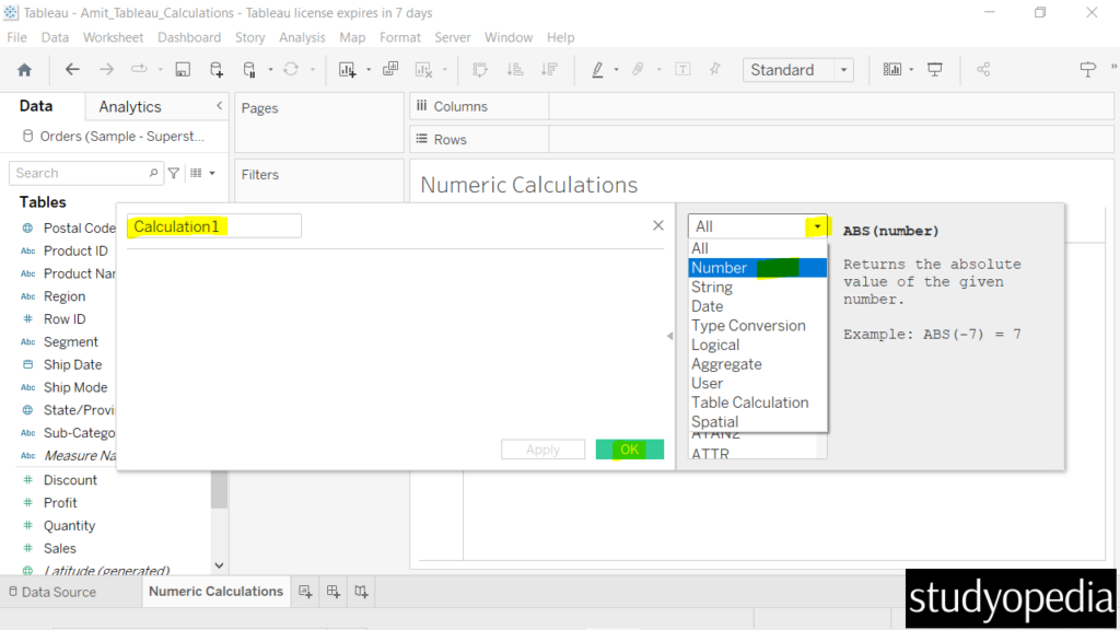 Tableau - Numeric Calculations - Studyopedia