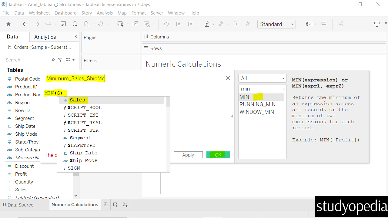Tableau - Numeric Calculations - Studyopedia
