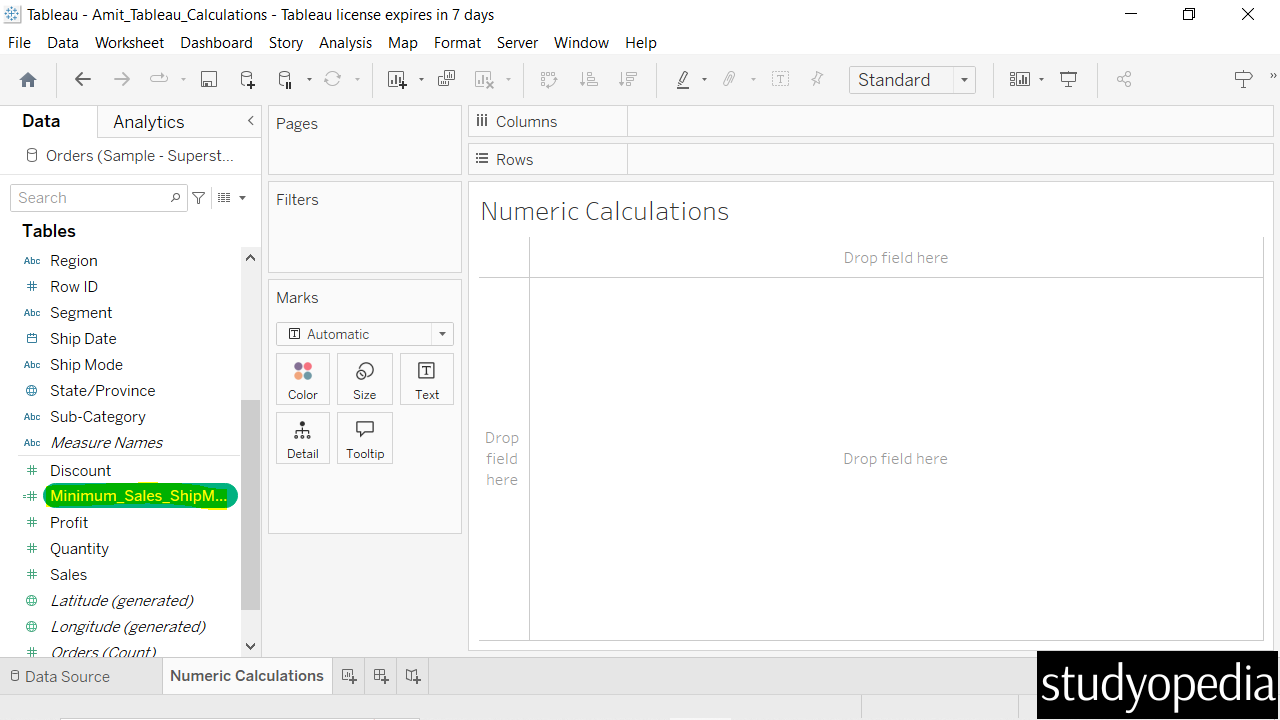 Tableau - Numeric Calculations - Studyopedia