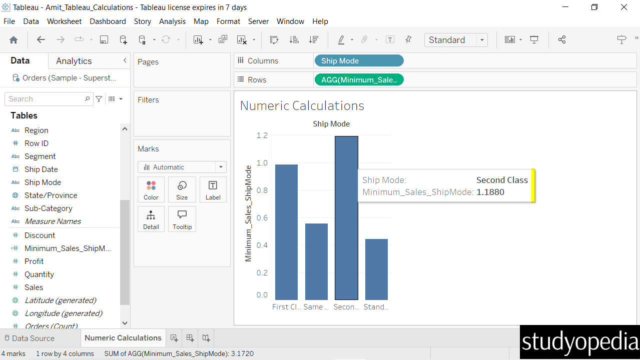 Tableau - Numeric Calculations - Studyopedia