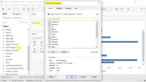 2. Drag a field to the Filters pane to create a filter in Tableau