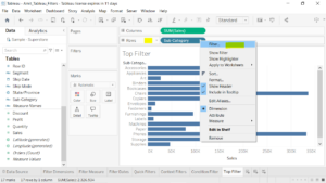 2. Right click Sub Category and select Filter in Tableau