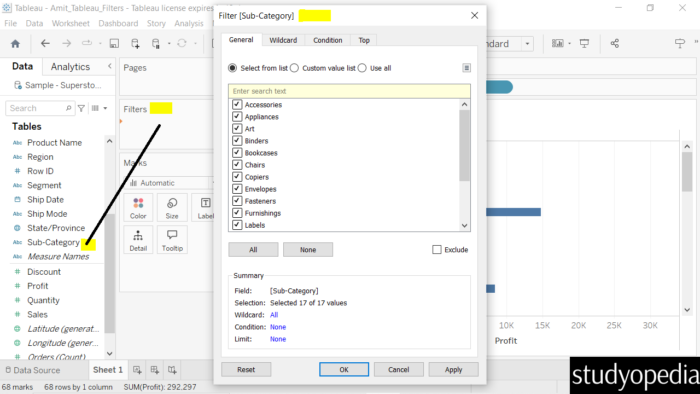 Tableau - Filter Dimensions - Studyopedia