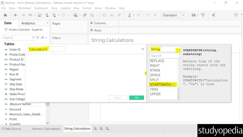 Tableau - String Calculations - Studyopedia