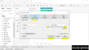 3. Set the range of dates and filter in Tableau