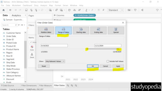 Tableau - Filter Dates - Studyopedia