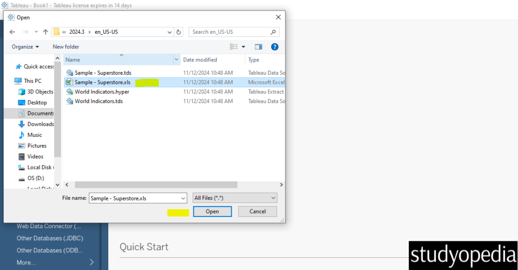 5. Import sample data source excel file to Tableau