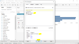 6. Select a category to filter in Tableau