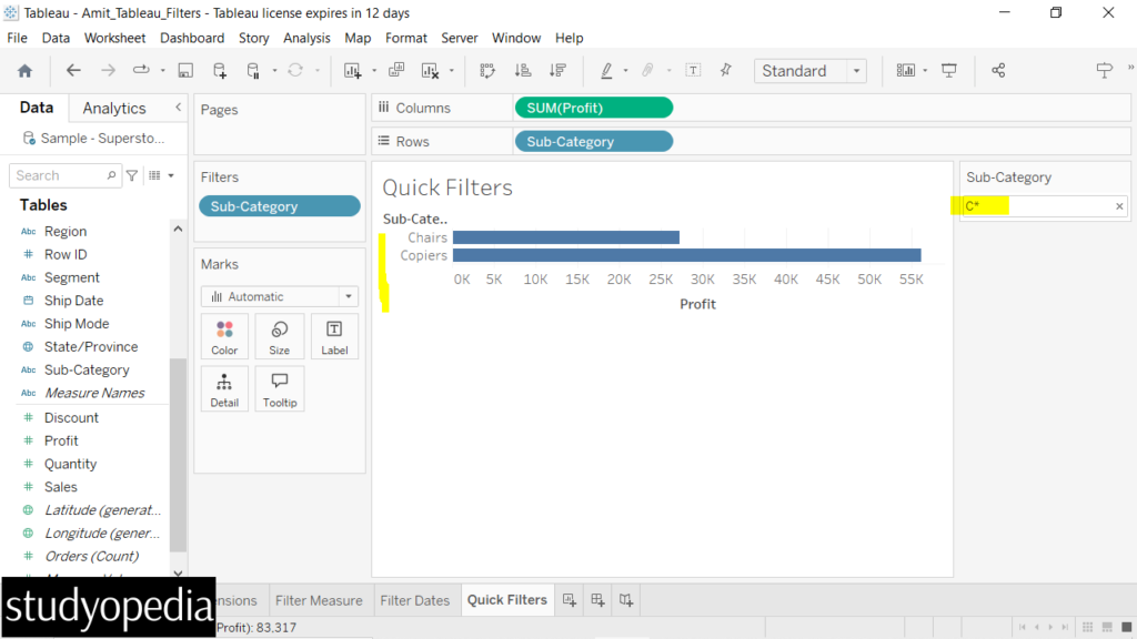 Tableau - Quick Filters - Studyopedia