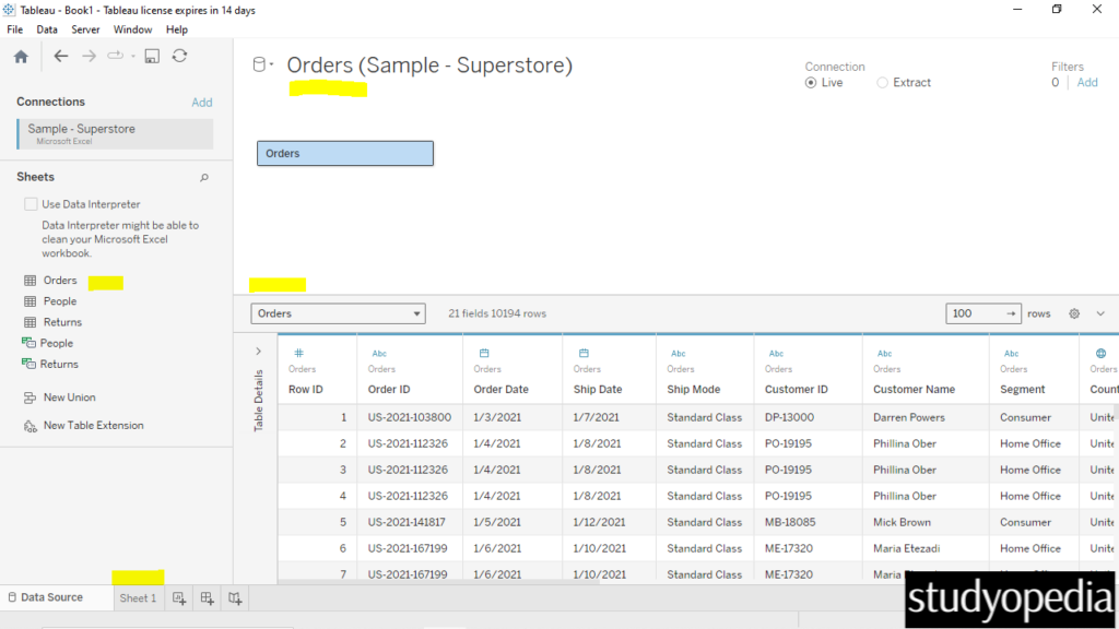 7. Orders workbook of sample superstore in Tableau