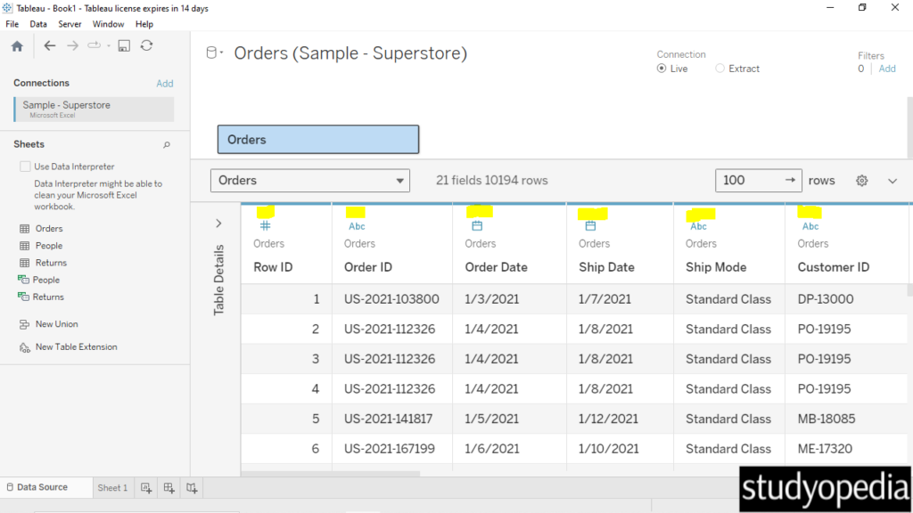 8. Data type of each column of the excel visible in Tableau