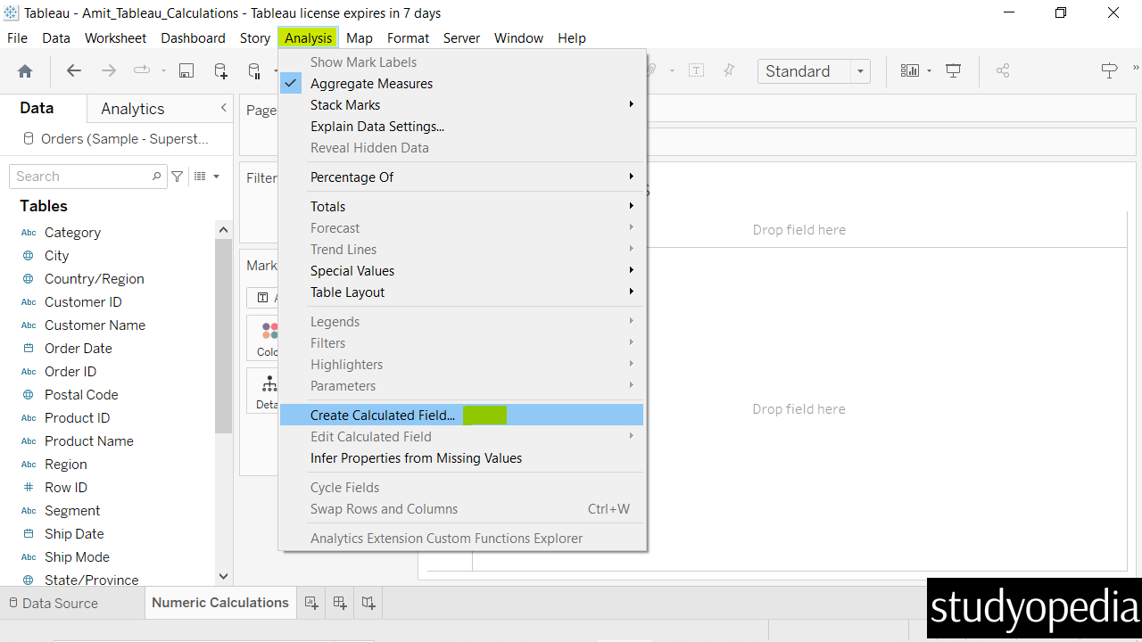 Tableau - Numeric Calculations - Studyopedia