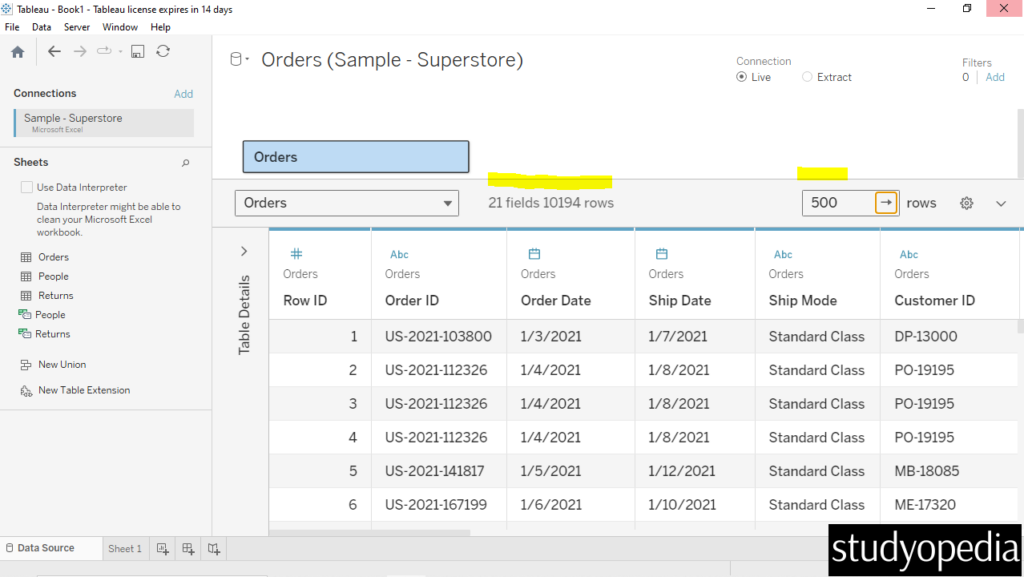 9. Total fields and rows of the table in Tableau