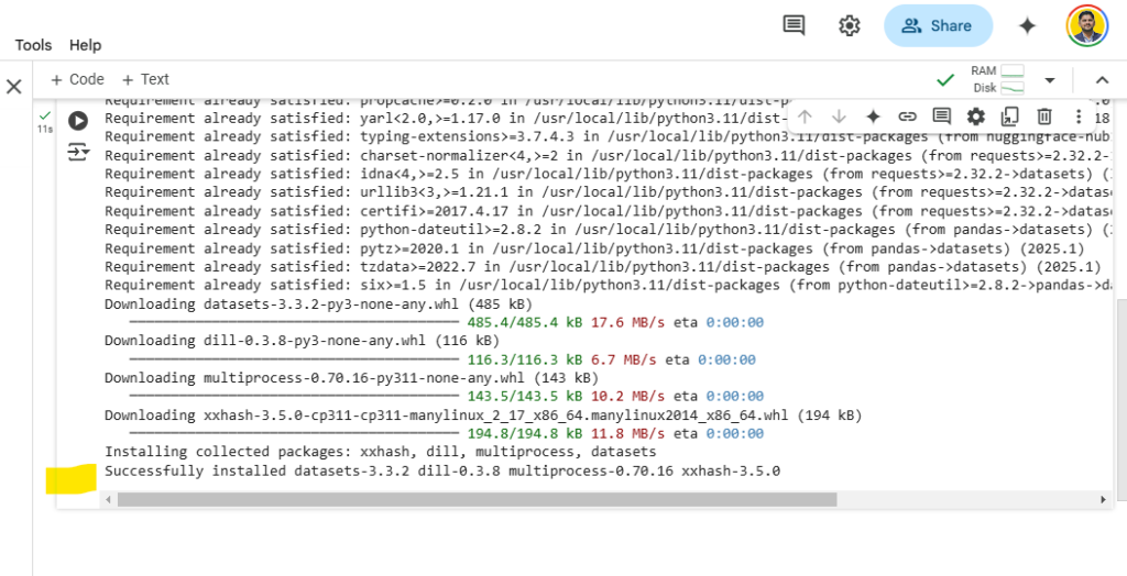 Datasets library successfully installed