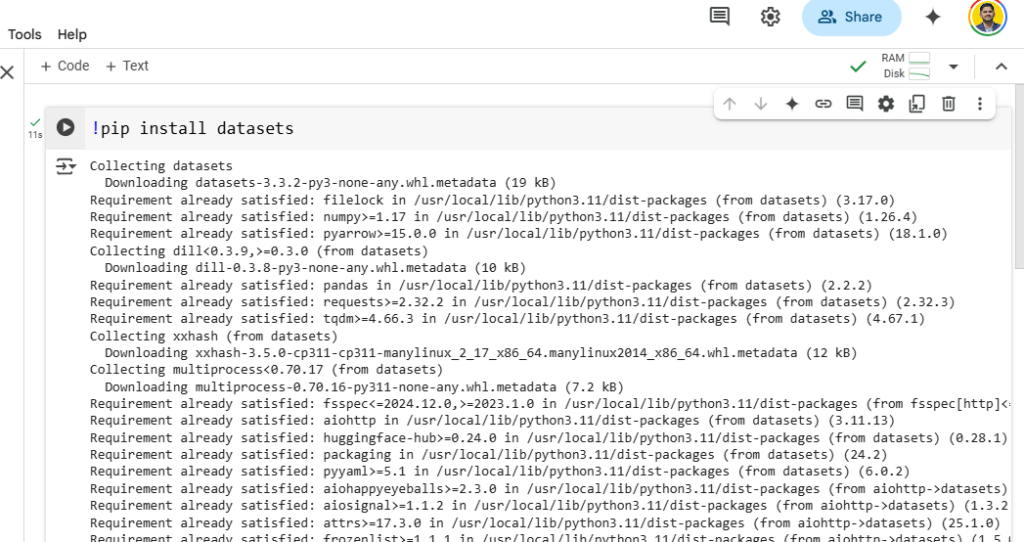 Install the Datasets library of Hugging Face