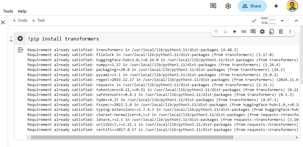 Install the Tranformers library of Hugging Face