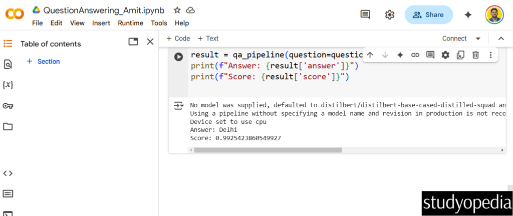 Question Answering with Hugging Face output