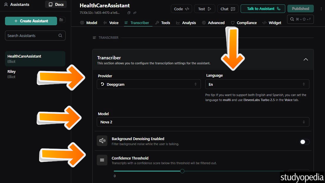 Transcriber settings for the AI Agent