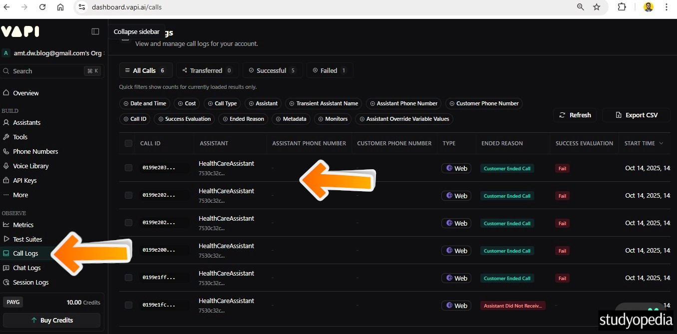 Call Logs after the AI Voice Agents call disconnects