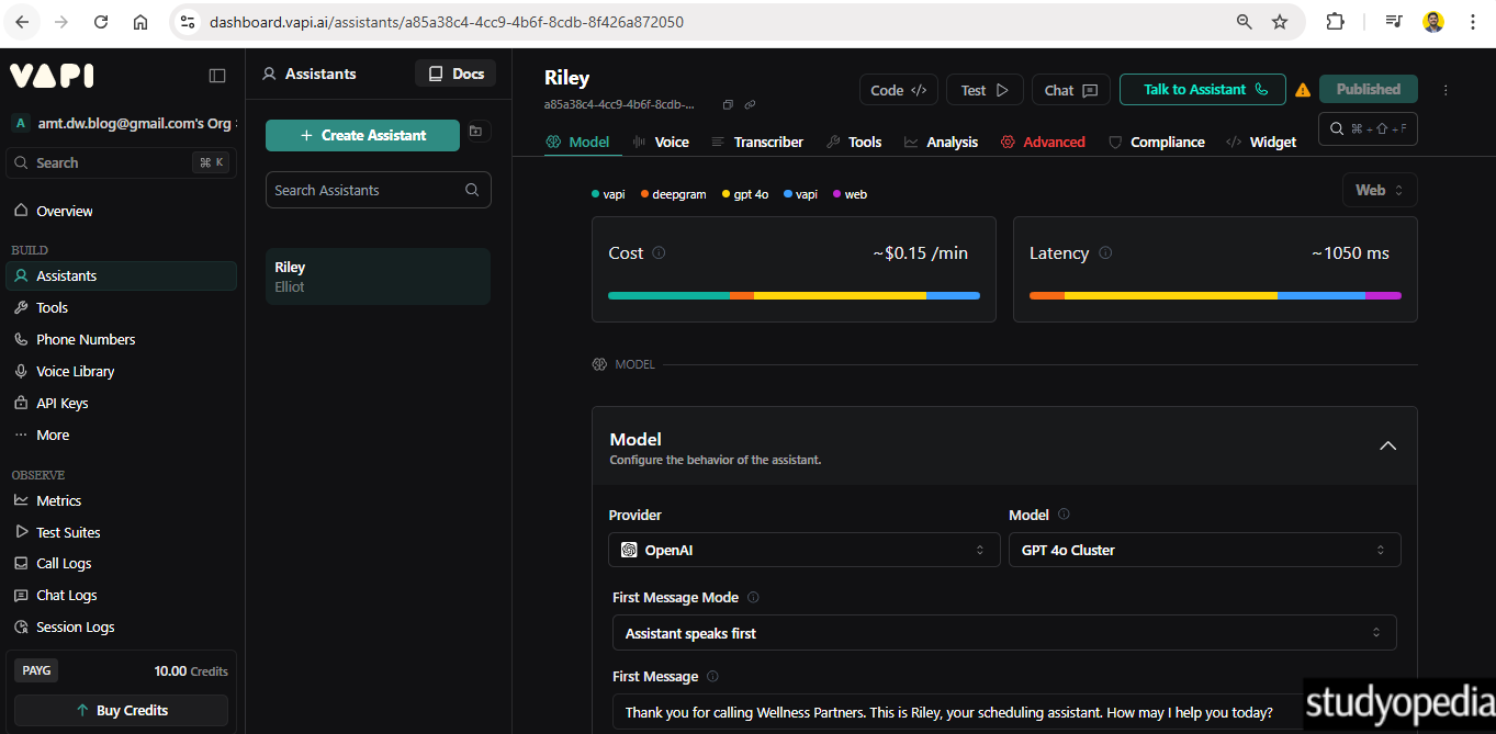 Vapi Dashboard to create AI Agents