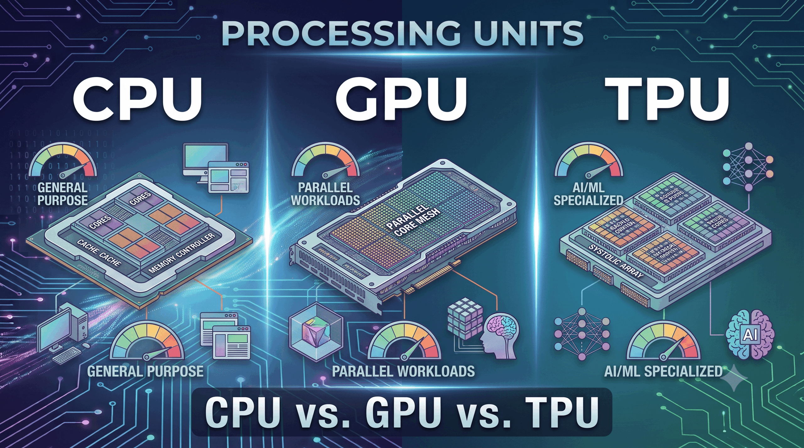 Differences CPU vs. GPU vs. TPU